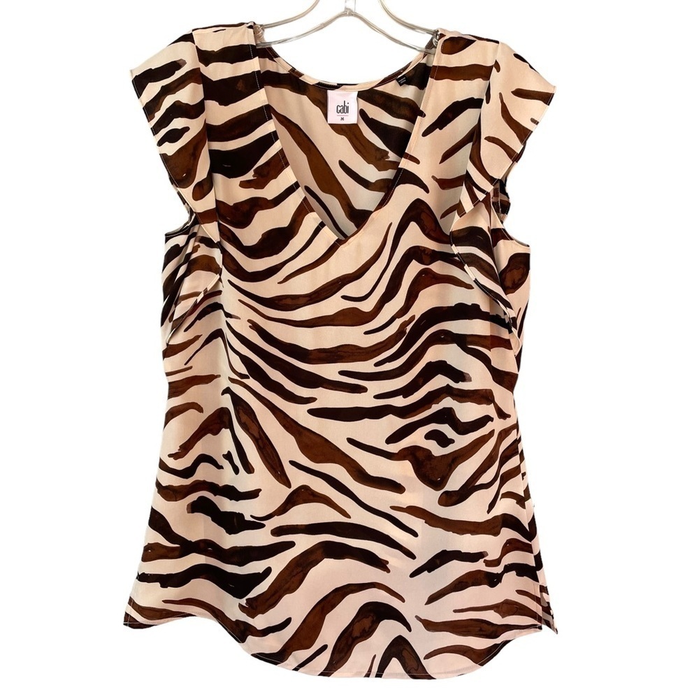 Cabi Zebra Print Ruffle Flutter Sleeve Blouse Style #3771 Brown Cream - Sz M